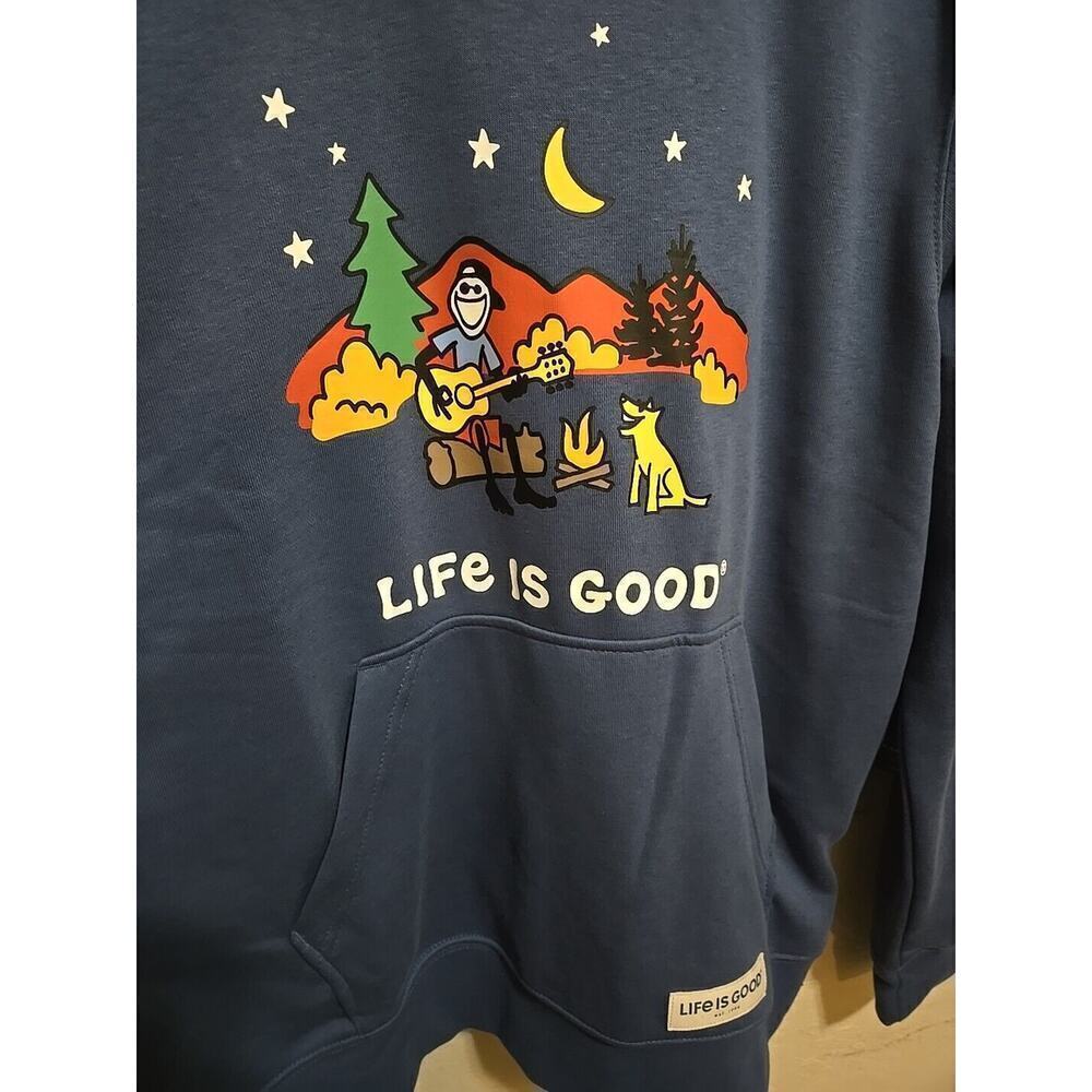 Life Is Good Fleece Hoodie Mens Sweatshirt Small Campfire Jake Guitar Blue NWT - Picture 3 of 7